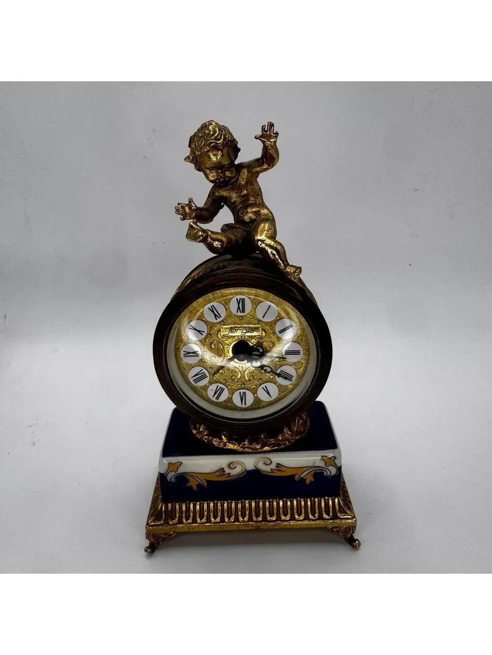 Vintage Jerger Cherub Mantel Clock: Cobalt Blue Porcelain, Gold Gilt, Working
